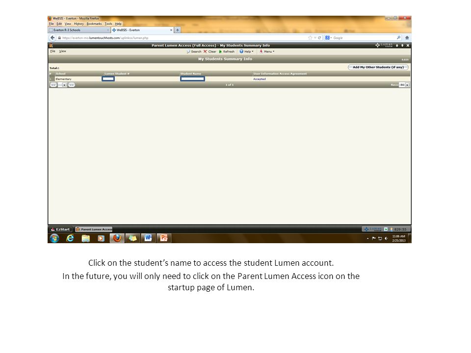 Click on the student’s name to access the student Lumen account.