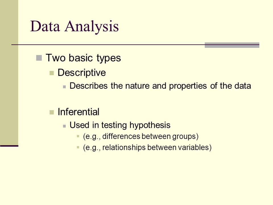 Two basic types Descriptive Describes the nature and properties of the data Inferential Used in testing hypothesis  (e.g., differences between groups)  (e.g., relationships between variables) Data Analysis