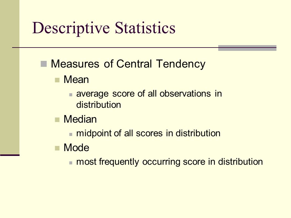 Measures of Central Tendency Mean average score of all observations in distribution Median midpoint of all scores in distribution Mode most frequently occurring score in distribution Descriptive Statistics