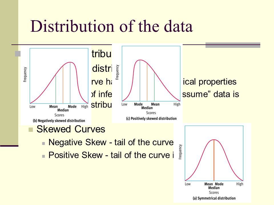Shapes of distribution curves Bell (normal distribution) The bell curve has desirable statistical properties A number of inferential statistics assume data is normally distributed Skewed Curves Negative Skew - tail of the curve is to the left Positive Skew - tail of the curve is to the right Distribution of the data