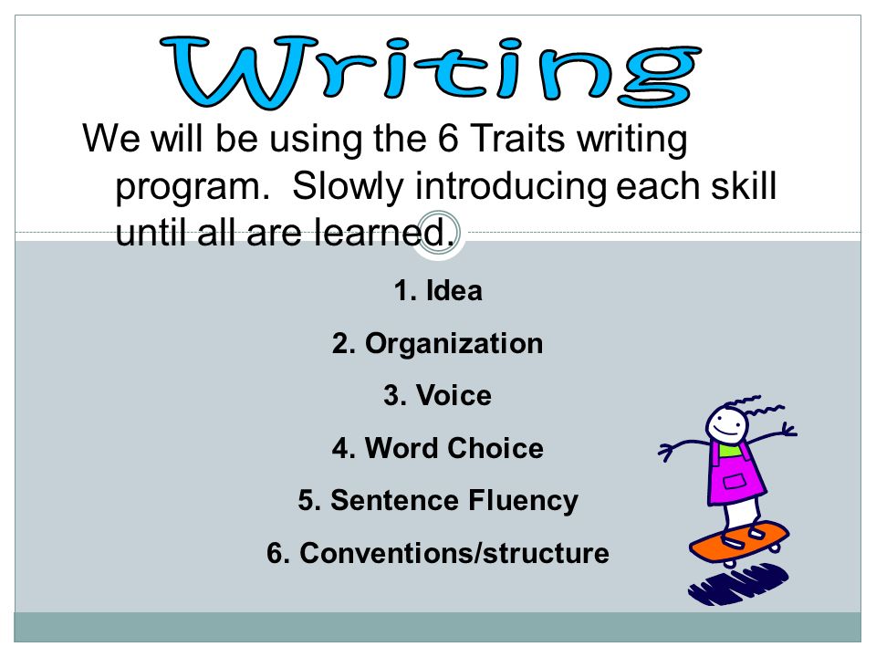 We will be using the 6 Traits writing program. Slowly introducing each skill until all are learned.