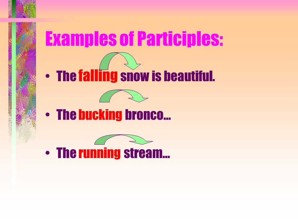 Examples of Participles: The falling snow is beautiful. The bucking bronco… The running stream…