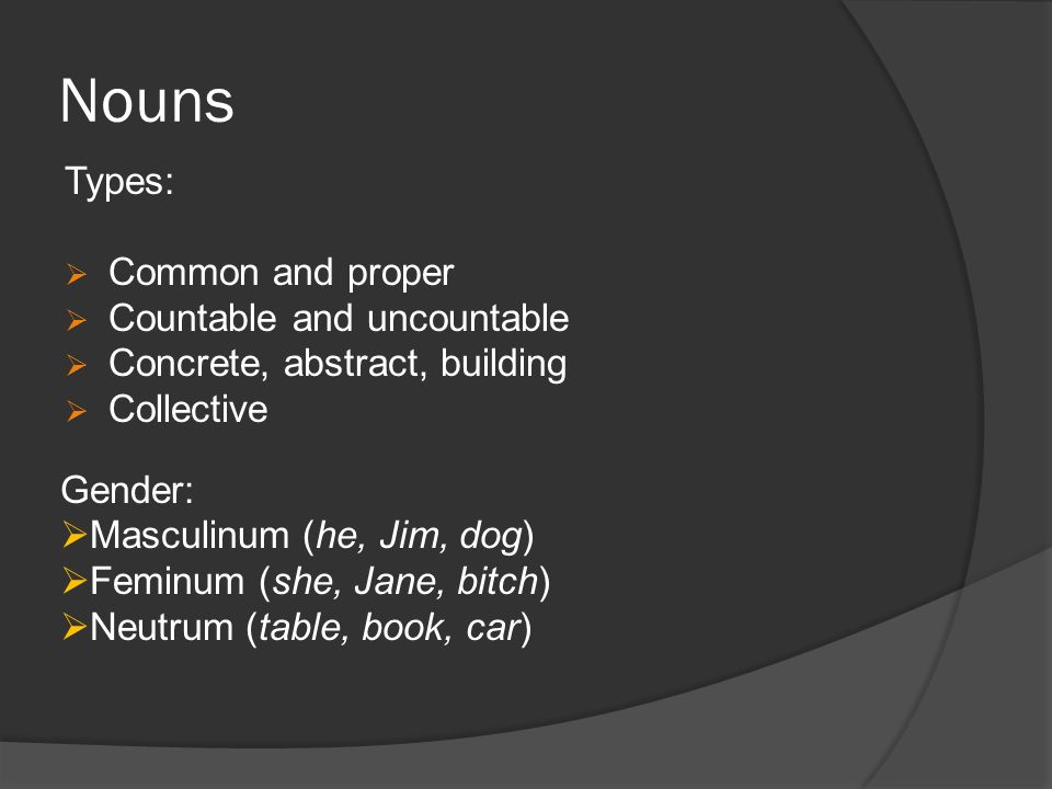 Nouns Types:  Common and proper  Countable and uncountable  Concrete, abstract, building  Collective Gender:  Masculinum (he, Jim, dog)  Feminum (she, Jane, bitch)  Neutrum (table, book, car)