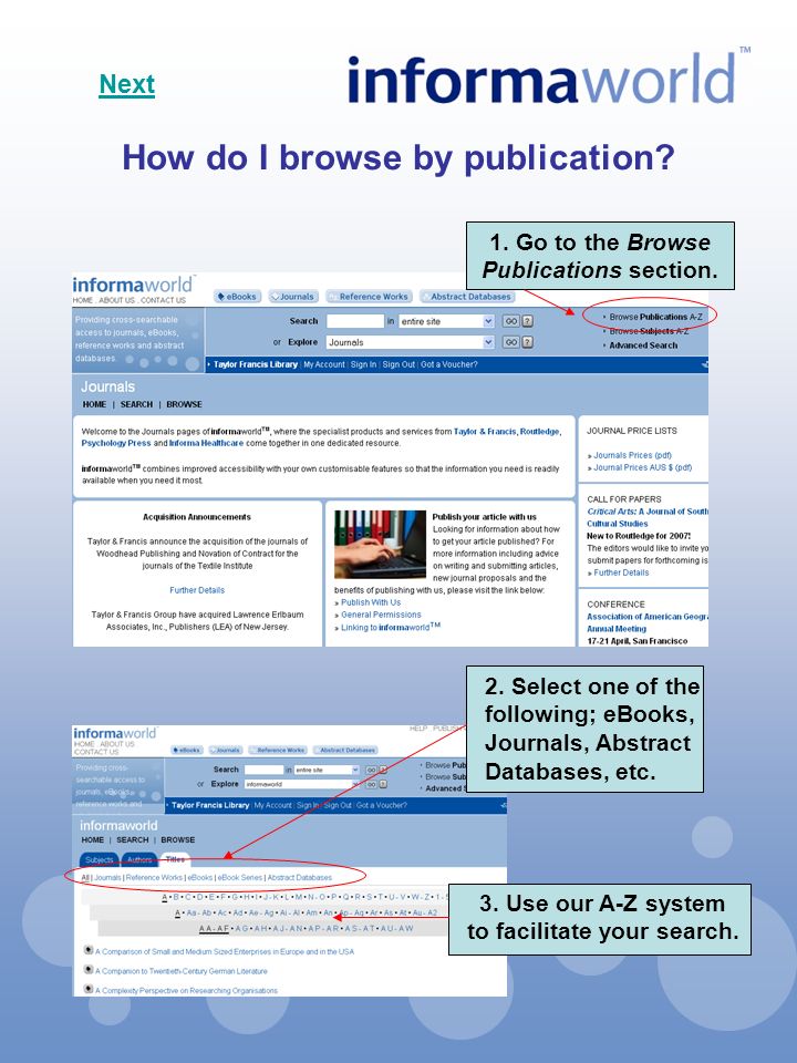 How do I browse by publication. 1. Go to the Browse Publications section.