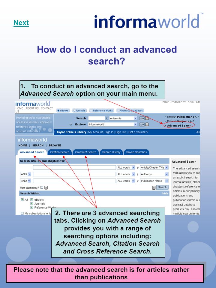 How do I conduct an advanced search.