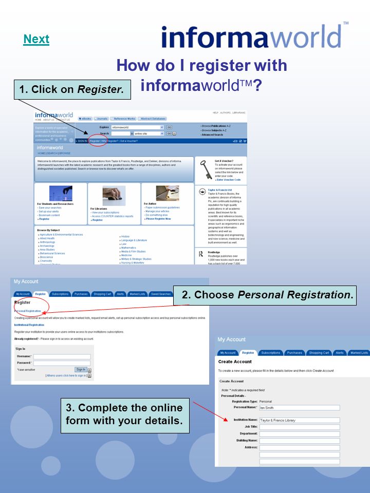 2. Choose Personal Registration. How do I register with informaworld  .