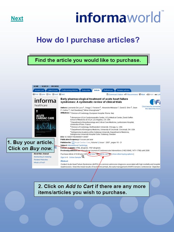 How do I purchase articles. Next Find the article you would like to purchase.