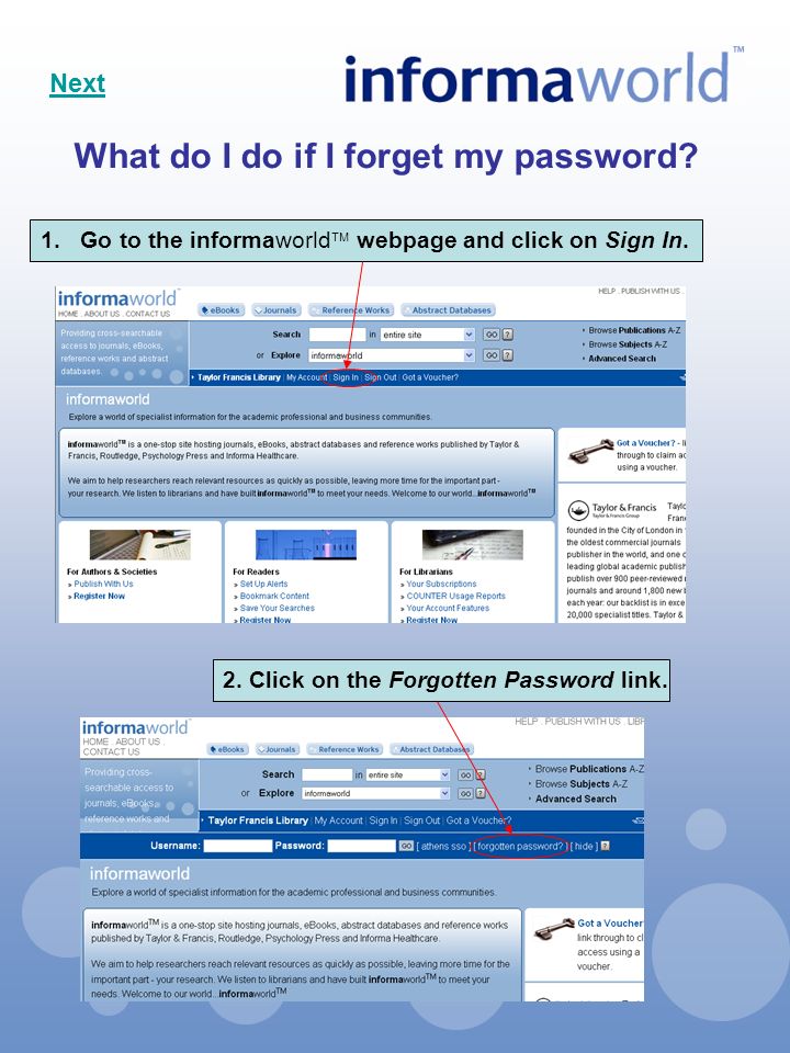 What do I do if I forget my password. 1.Go to the informaworld  webpage and click on Sign In.