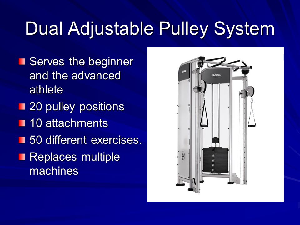 Dual Adjustable Pulley System Serves the beginner and the advanced athlete 20 pulley positions 10 attachments 50 different exercises.