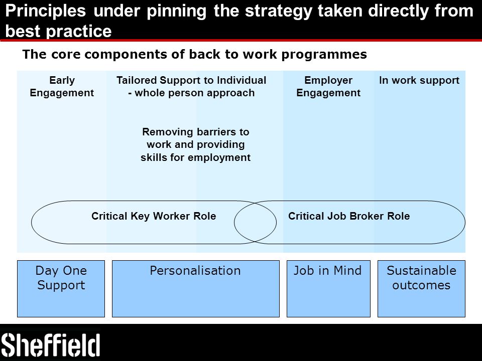In work support Principles under pinning the strategy taken directly from best practice Employer Engagement Early Engagement Critical Key Worker Role Tailored Support to Individual - whole person approach Removing barriers to work and providing skills for employment Critical Job Broker Role Day One Support PersonalisationJob in MindSustainable outcomes The core components of back to work programmes