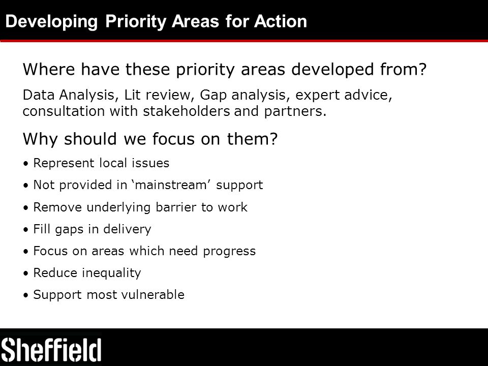 Developing Priority Areas for Action Where have these priority areas developed from.
