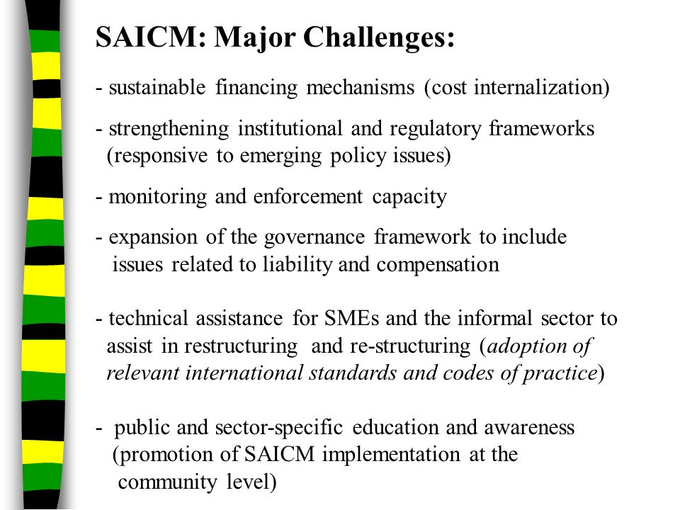 SAICM: Major Challenges: - sustainable financing mechanisms (cost internalization) - strengthening institutional and regulatory frameworks (responsive to emerging policy issues) - monitoring and enforcement capacity - expansion of the governance framework to include issues related to liability and compensation - technical assistance for SMEs and the informal sector to assist in restructuring and re-structuring (adoption of relevant international standards and codes of practice) - public and sector-specific education and awareness (promotion of SAICM implementation at the community level)