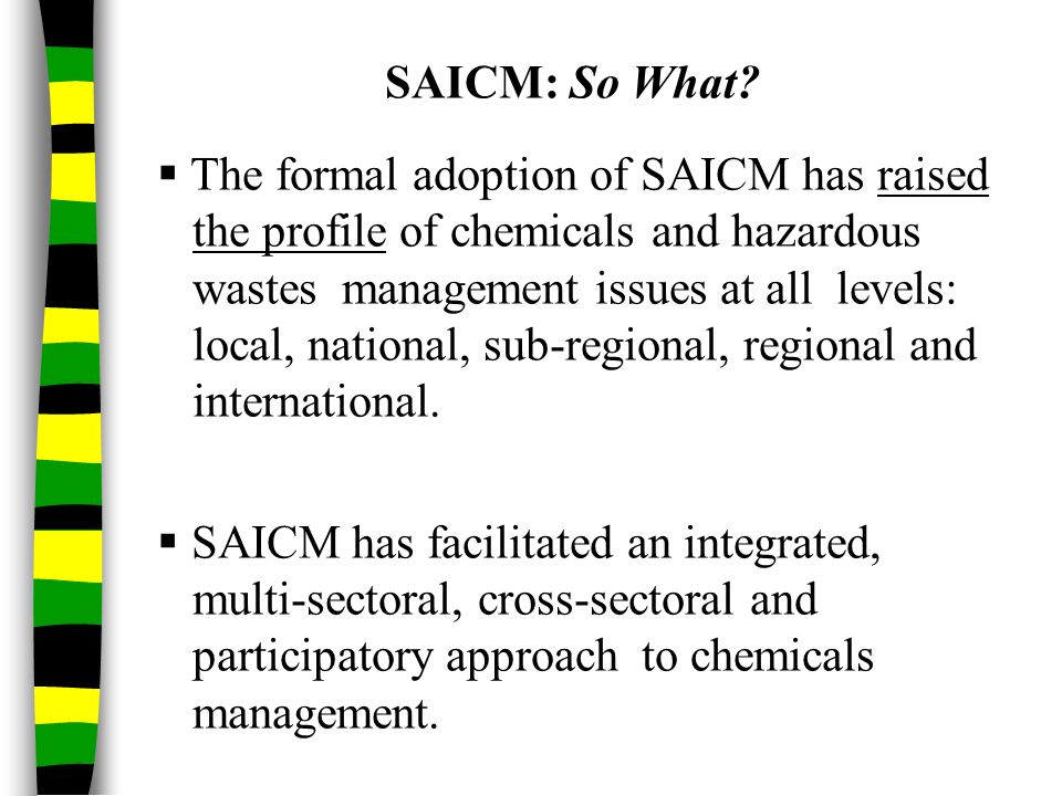  The formal adoption of SAICM has raised the profile of chemicals and hazardous wastes management issues at all levels: local, national, sub-regional, regional and international.