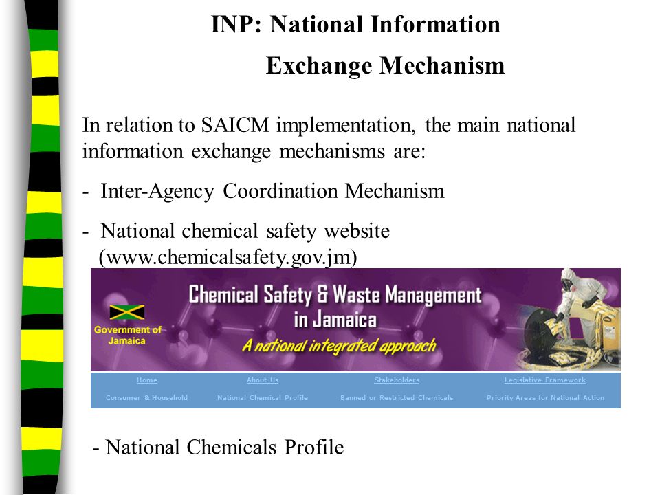 INP: National Information Exchange Mechanism Priority Areas for National ActionBanned or Restricted ChemicalsNational Chemical ProfileConsumer & Household Legislative FrameworkStakeholdersAbout UsHome In relation to SAICM implementation, the main national information exchange mechanisms are: - Inter-Agency Coordination Mechanism - National chemical safety website (  - National Chemicals Profile