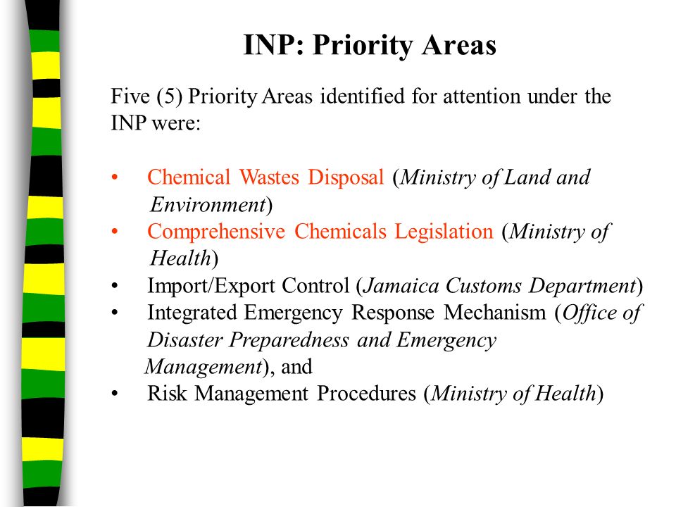 INP: Priority Areas Five (5) Priority Areas identified for attention under the INP were: Chemical Wastes Disposal (Ministry of Land and Environment) Comprehensive Chemicals Legislation (Ministry of Health) Import/Export Control (Jamaica Customs Department) Integrated Emergency Response Mechanism (Office of Disaster Preparedness and Emergency Management), and Risk Management Procedures (Ministry of Health)