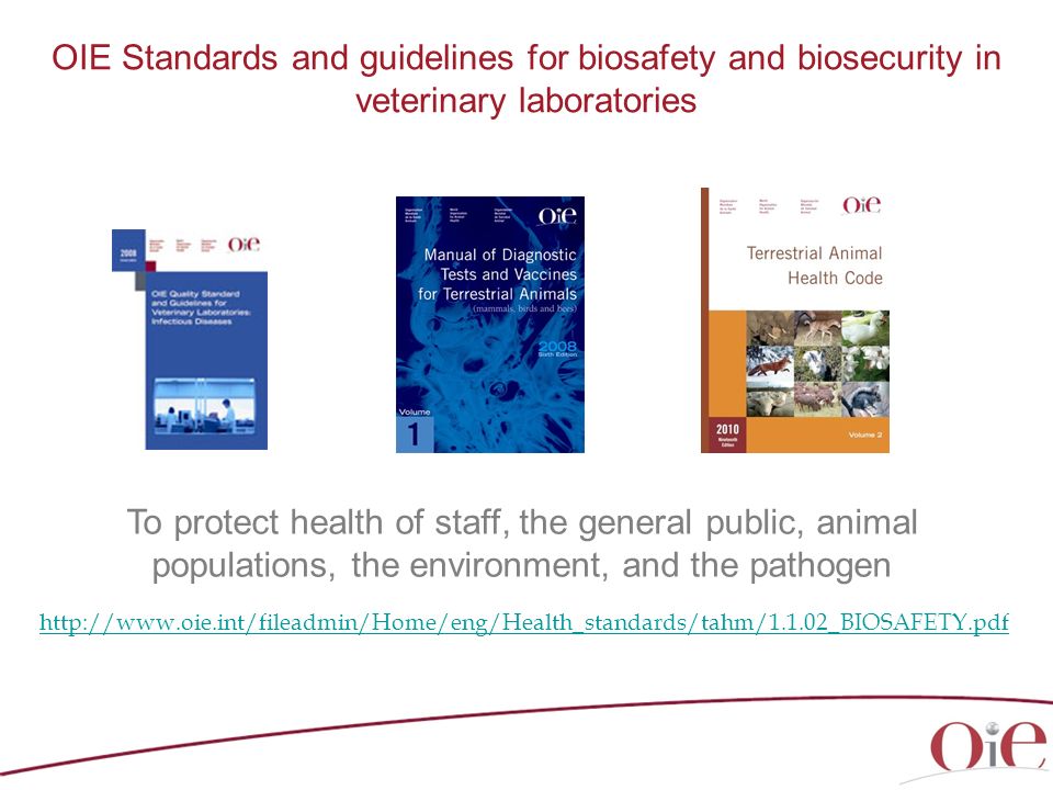 OIE Standards and guidelines for biosafety and biosecurity in veterinary laboratories To protect health of staff, the general public, animal populations, the environment, and the pathogen