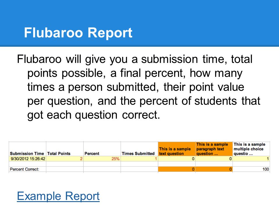 Flubaroo Report Flubaroo will give you a submission time, total points possible, a final percent, how many times a person submitted, their point value per question, and the percent of students that got each question correct.