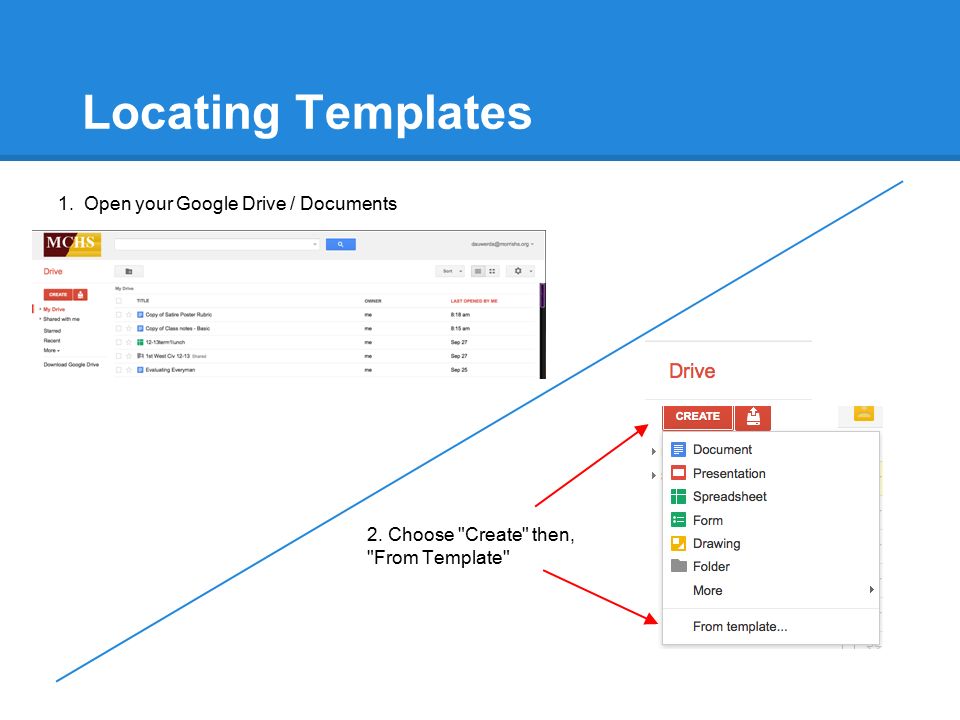 Locating Templates 1. Open your Google Drive / Documents 2. Choose Create then, From Template