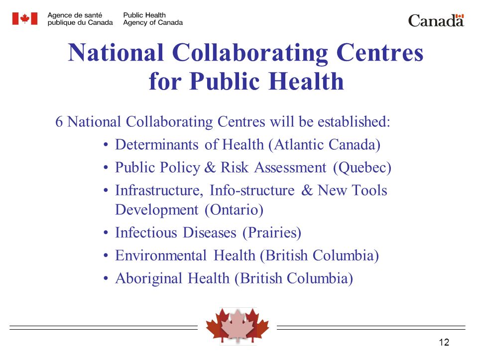 12 National Collaborating Centres for Public Health 6 National Collaborating Centres will be established: Determinants of Health (Atlantic Canada) Public Policy & Risk Assessment (Quebec) Infrastructure, Info-structure & New Tools Development (Ontario) Infectious Diseases (Prairies) Environmental Health (British Columbia) Aboriginal Health (British Columbia)