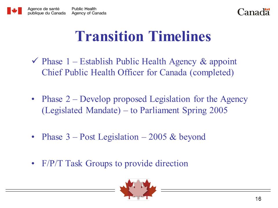16 Transition Timelines Phase 1 – Establish Public Health Agency & appoint Chief Public Health Officer for Canada (completed) Phase 2 – Develop proposed Legislation for the Agency (Legislated Mandate) – to Parliament Spring 2005 Phase 3 – Post Legislation – 2005 & beyond F/P/T Task Groups to provide direction