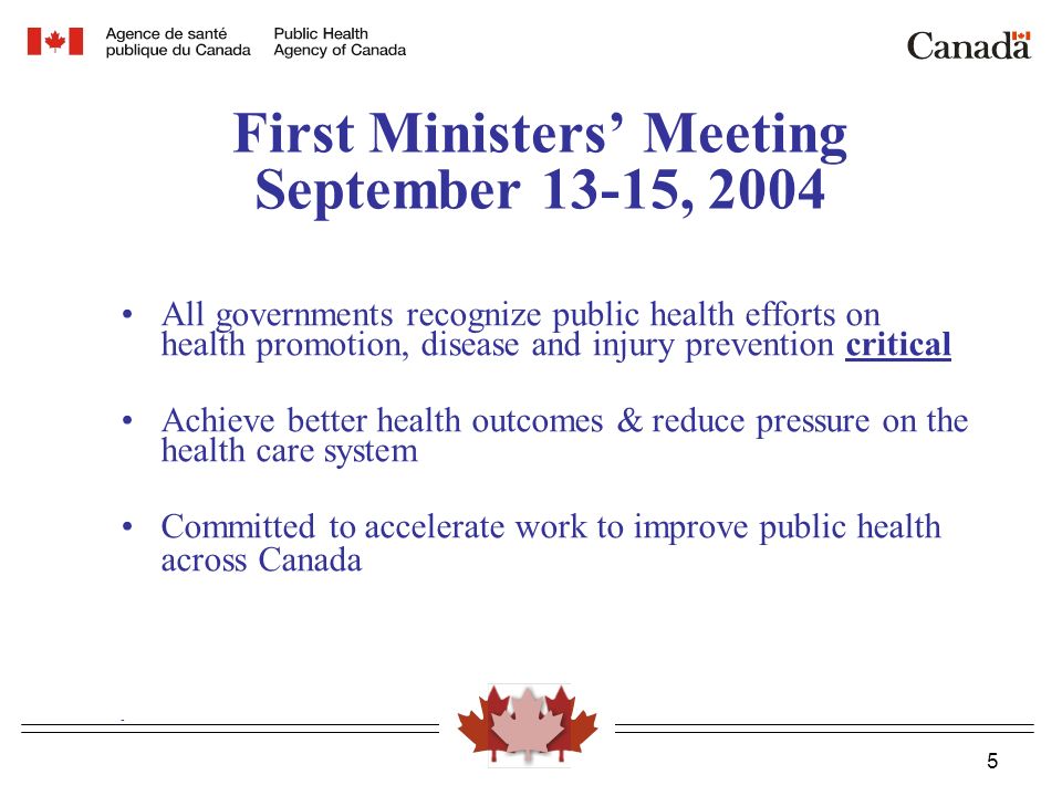 5 First Ministers’ Meeting September 13-15, 2004 All governments recognize public health efforts on health promotion, disease and injury prevention critical Achieve better health outcomes & reduce pressure on the health care system Committed to accelerate work to improve public health across Canada -