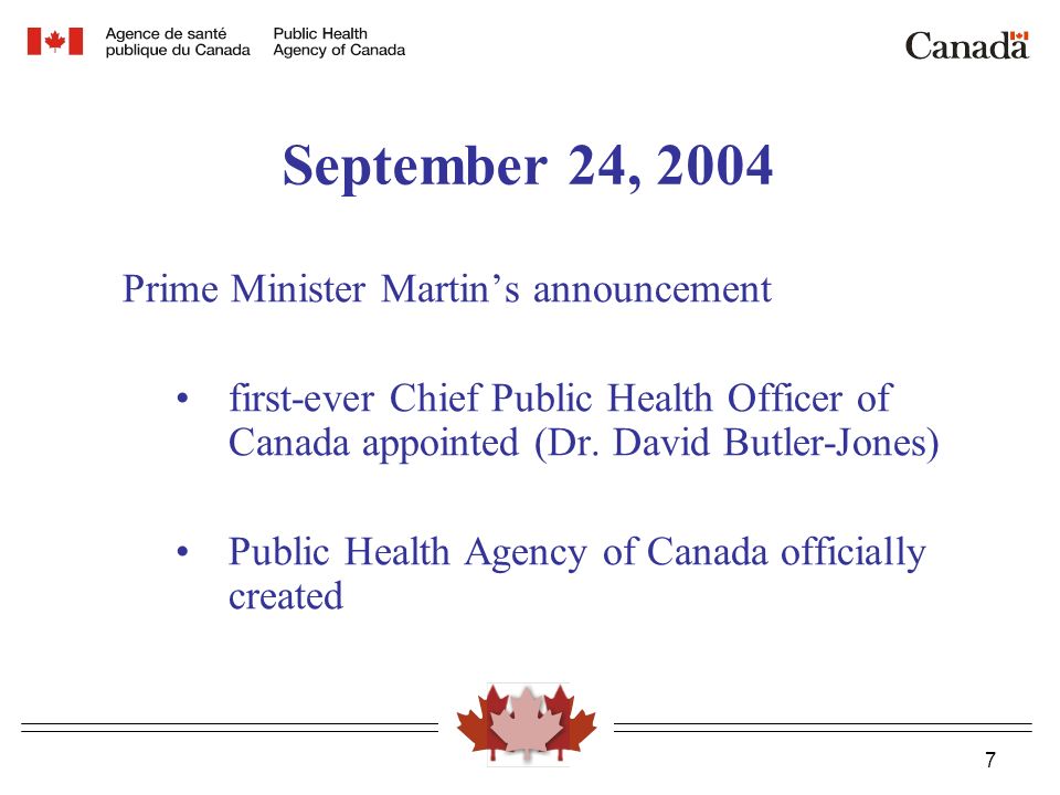 7 September 24, 2004 Prime Minister Martin’s announcement first-ever Chief Public Health Officer of Canada appointed (Dr.