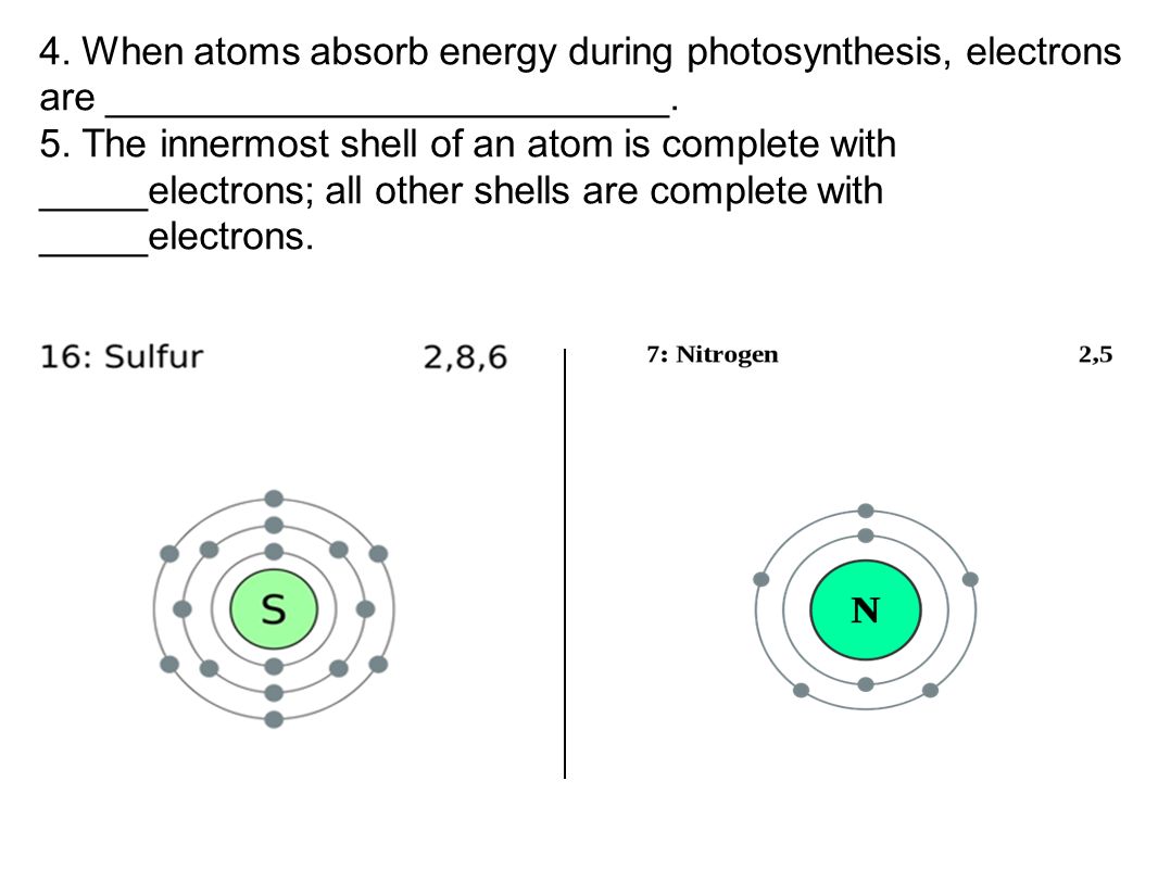 4. When atoms absorb energy during photosynthesis, electrons are __________________________.