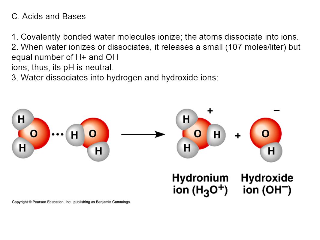 C. Acids and Bases 1. Covalently bonded water molecules ionize; the atoms dissociate into ions.