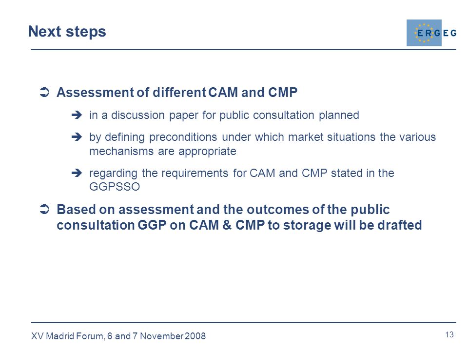 13 XV Madrid Forum, 6 and 7 November 2008 Next steps  Assessment of different CAM and CMP  in a discussion paper for public consultation planned  by defining preconditions under which market situations the various mechanisms are appropriate  regarding the requirements for CAM and CMP stated in the GGPSSO  Based on assessment and the outcomes of the public consultation GGP on CAM & CMP to storage will be drafted