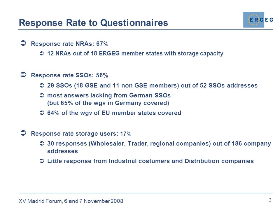3 XV Madrid Forum, 6 and 7 November 2008 Response Rate to Questionnaires  Response rate NRAs: 67%  12 NRAs out of 18 ERGEG member states with storage capacity  Response rate SSOs: 56%  29 SSOs (18 GSE and 11 non GSE members) out of 52 SSOs addresses  most answers lacking from German SSOs (but 65% of the wgv in Germany covered)  64% of the wgv of EU member states covered  Response rate storage users: 17%  30 responses (Wholesaler, Trader, regional companies) out of 186 company addresses  Little response from Industrial costumers and Distribution companies