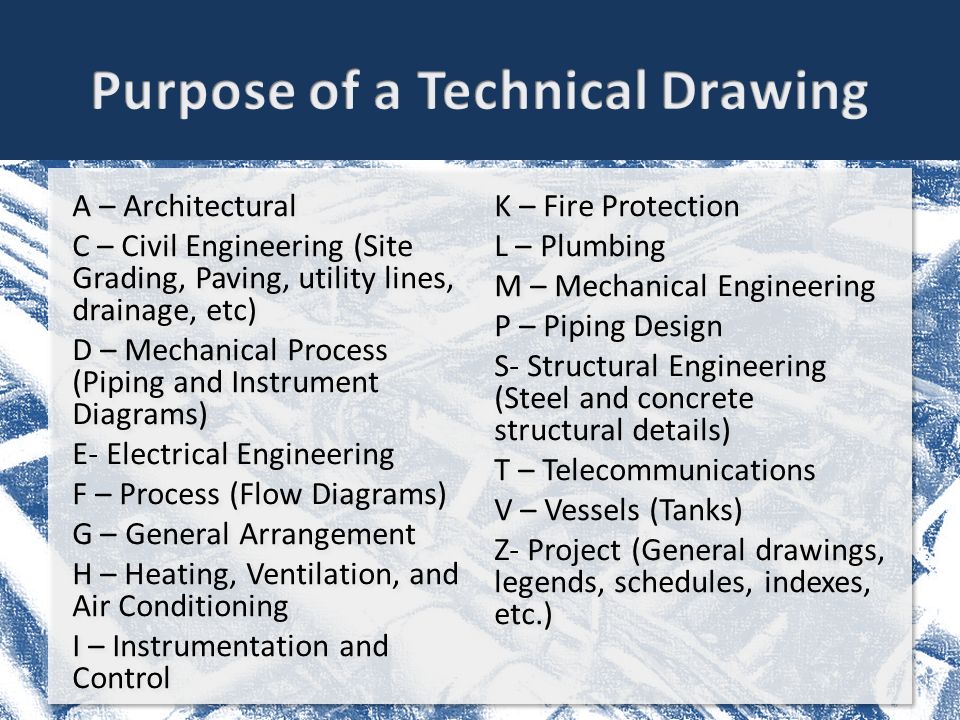 A – Architectural C – Civil Engineering (Site Grading, Paving, utility lines, drainage, etc) D – Mechanical Process (Piping and Instrument Diagrams) E- Electrical Engineering F – Process (Flow Diagrams) G – General Arrangement H – Heating, Ventilation, and Air Conditioning I – Instrumentation and Control K – Fire Protection L – Plumbing M – Mechanical Engineering P – Piping Design S- Structural Engineering (Steel and concrete structural details) T – Telecommunications V – Vessels (Tanks) Z- Project (General drawings, legends, schedules, indexes, etc.) A – Architectural C – Civil Engineering (Site Grading, Paving, utility lines, drainage, etc) D – Mechanical Process (Piping and Instrument Diagrams) E- Electrical Engineering F – Process (Flow Diagrams) G – General Arrangement H – Heating, Ventilation, and Air Conditioning I – Instrumentation and Control K – Fire Protection L – Plumbing M – Mechanical Engineering P – Piping Design S- Structural Engineering (Steel and concrete structural details) T – Telecommunications V – Vessels (Tanks) Z- Project (General drawings, legends, schedules, indexes, etc.)
