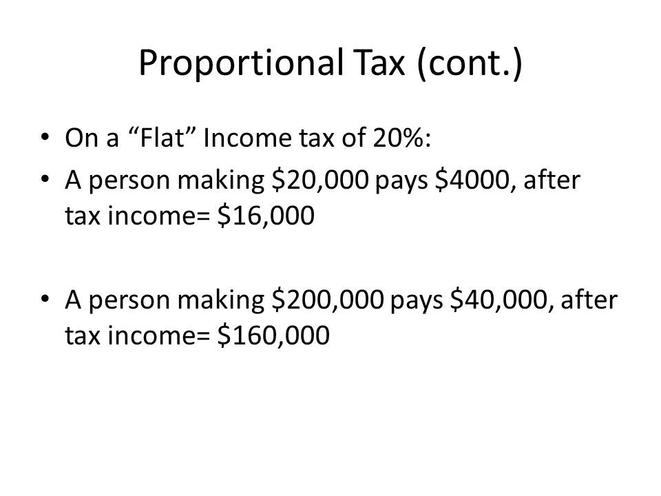 Proportional Tax (cont.) On a Flat Income tax of 20%: A person making $20,000 pays $4000, after tax income= $16,000 A person making $200,000 pays $40,000, after tax income= $160,000