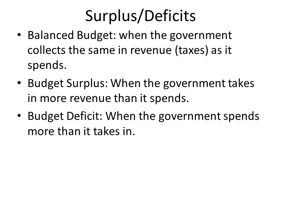 Surplus/Deficits Balanced Budget: when the government collects the same in revenue (taxes) as it spends.