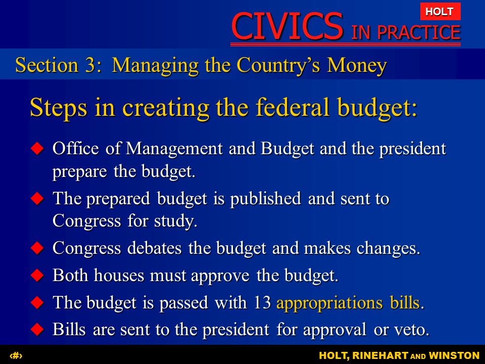 CIVICS IN PRACTICE HOLT HOLT, RINEHART AND WINSTON19 Steps in creating the federal budget:  Office of Management and Budget and the president prepare the budget.