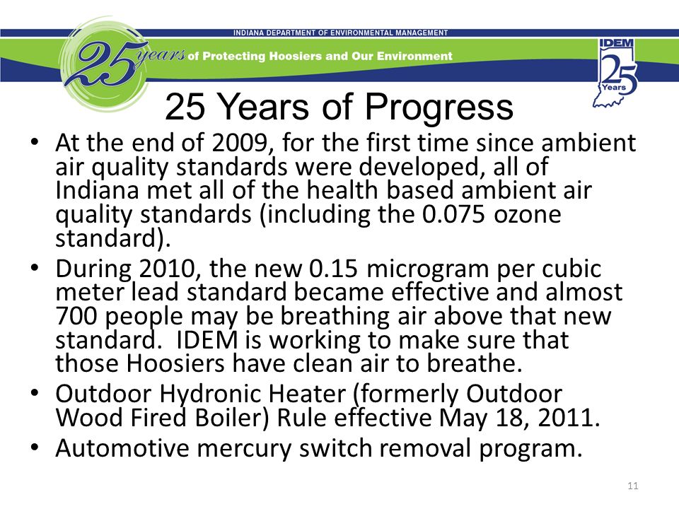25 Years of Progress At the end of 2009, for the first time since ambient air quality standards were developed, all of Indiana met all of the health based ambient air quality standards (including the ozone standard).