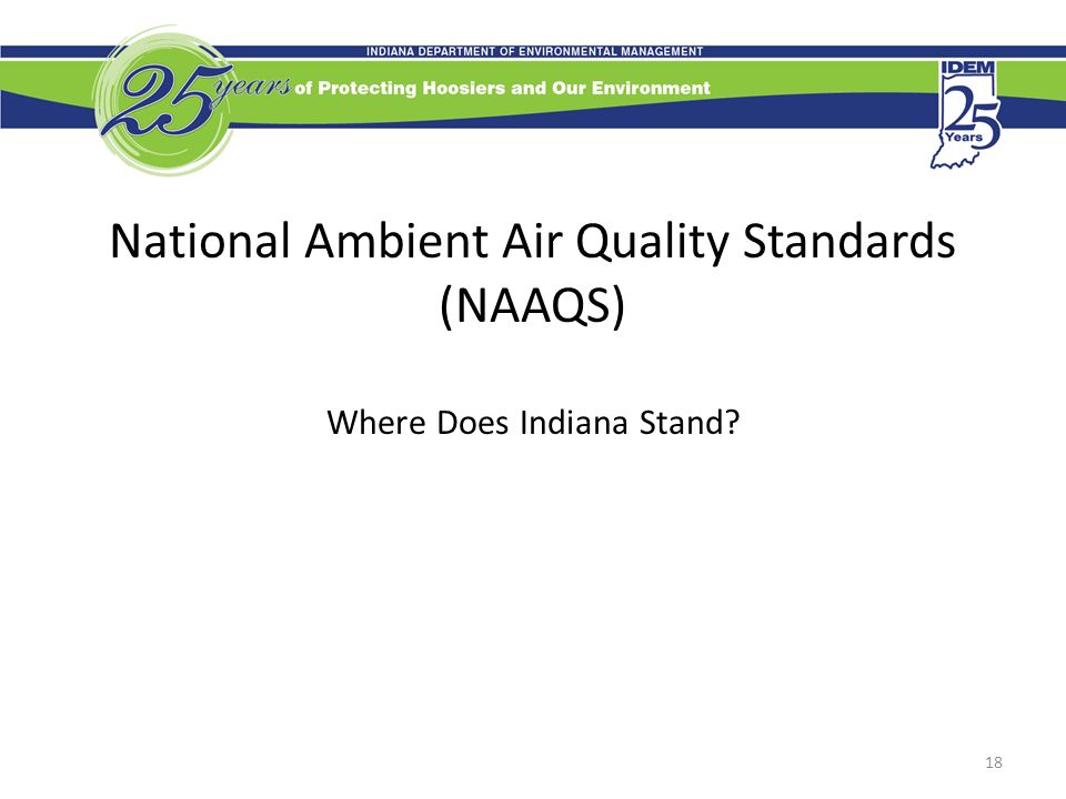 18 National Ambient Air Quality Standards (NAAQS) Where Does Indiana Stand