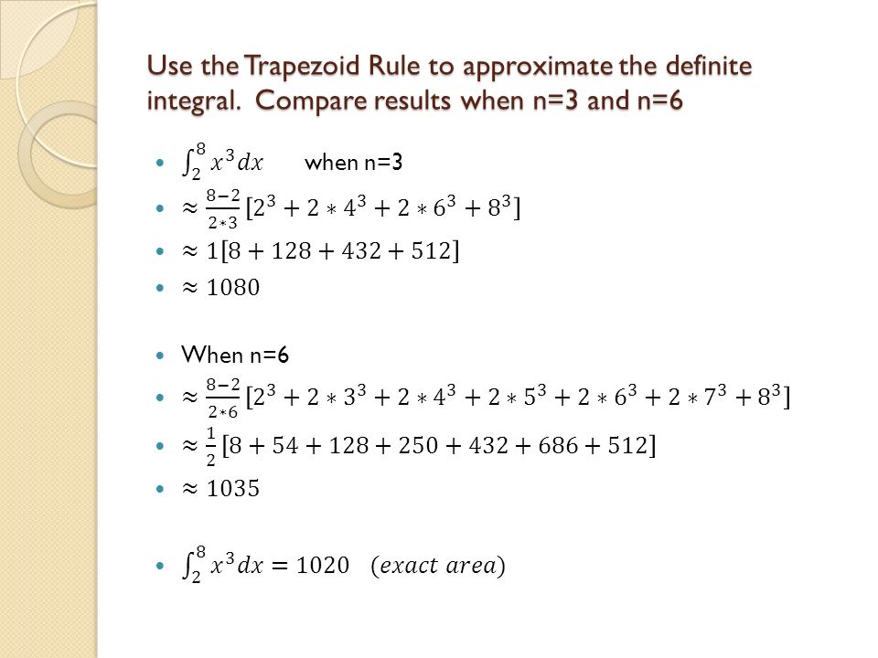 Use the Trapezoid Rule to approximate the definite integral. Compare results when n=3 and n=6