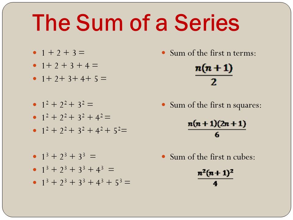 The Sum of a Series = = = = = = = = = Sum of the first n terms: Sum of the first n squares: Sum of the first n cubes: