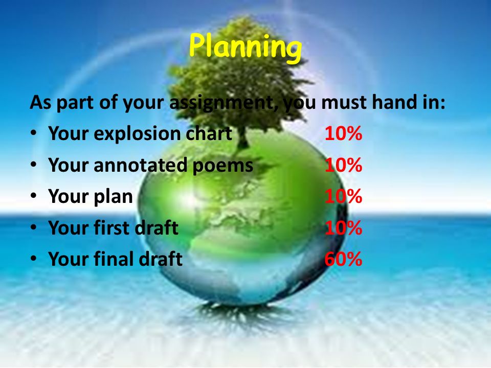Planning As part of your assignment, you must hand in: Your explosion chart10% Your annotated poems10% Your plan10% Your first draft10% Your final draft60%