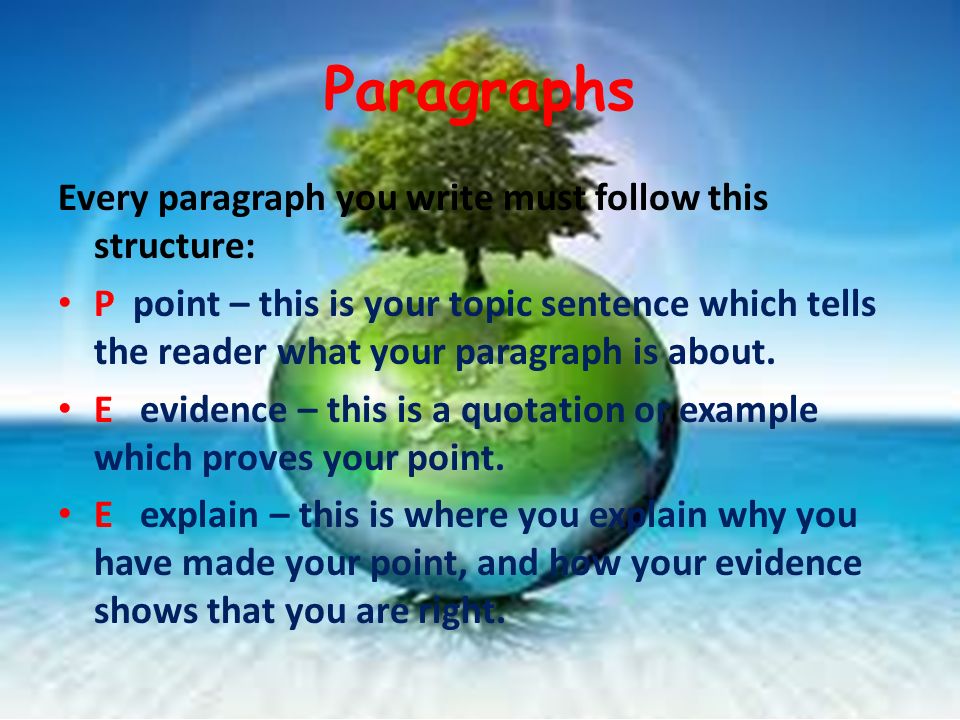 Paragraphs Every paragraph you write must follow this structure: P point – this is your topic sentence which tells the reader what your paragraph is about.