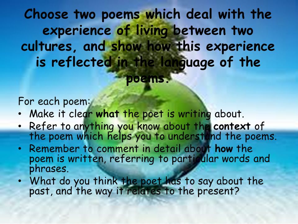 Choose two poems which deal with the experience of living between two cultures, and show how this experience is reflected in the language of the poems.
