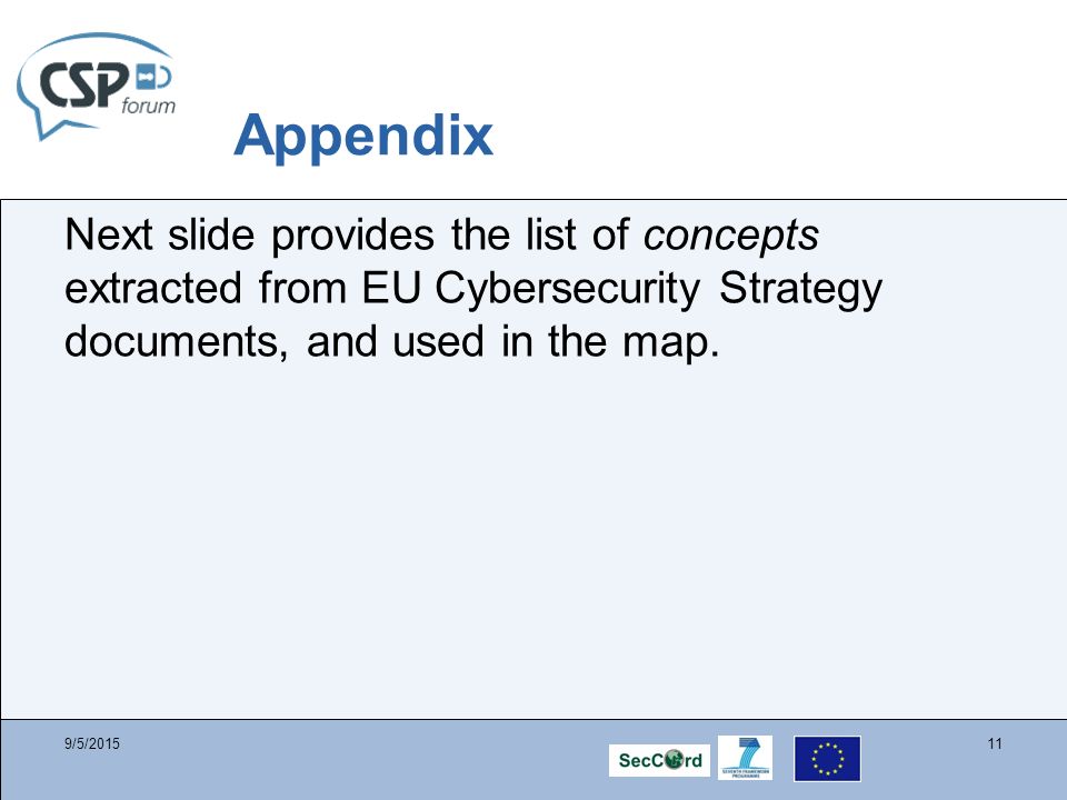 Appendix Next slide provides the list of concepts extracted from EU Cybersecurity Strategy documents, and used in the map.