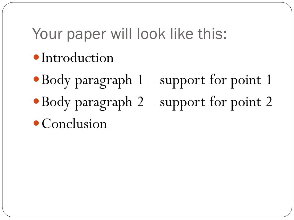 Your paper will look like this: Introduction Body paragraph 1 – support for point 1 Body paragraph 2 – support for point 2 Conclusion