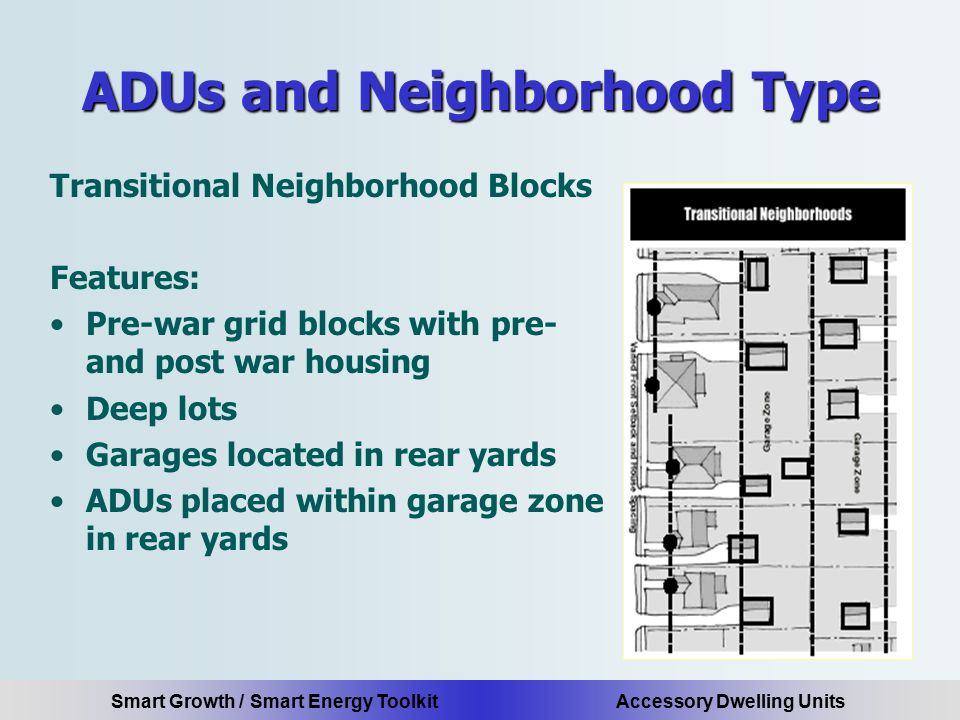 Smart Growth / Smart Energy Toolkit Accessory Dwelling Units ADUs and Neighborhood Type Transitional Neighborhood Blocks Features: Pre-war grid blocks with pre- and post war housing Deep lots Garages located in rear yards ADUs placed within garage zone in rear yards