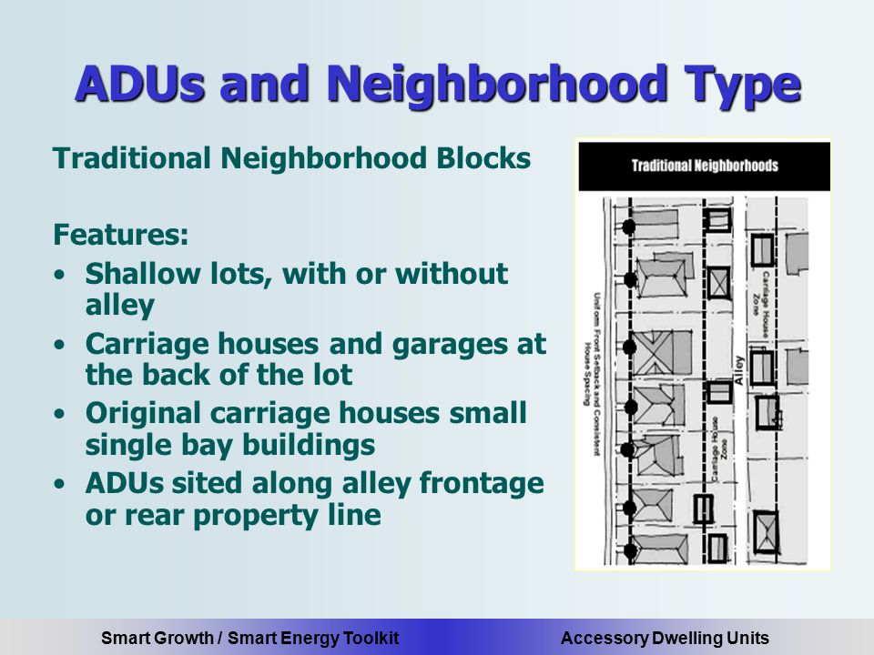 Smart Growth / Smart Energy Toolkit Accessory Dwelling Units ADUs and Neighborhood Type Traditional Neighborhood Blocks Features: Shallow lots, with or without alley Carriage houses and garages at the back of the lot Original carriage houses small single bay buildings ADUs sited along alley frontage or rear property line