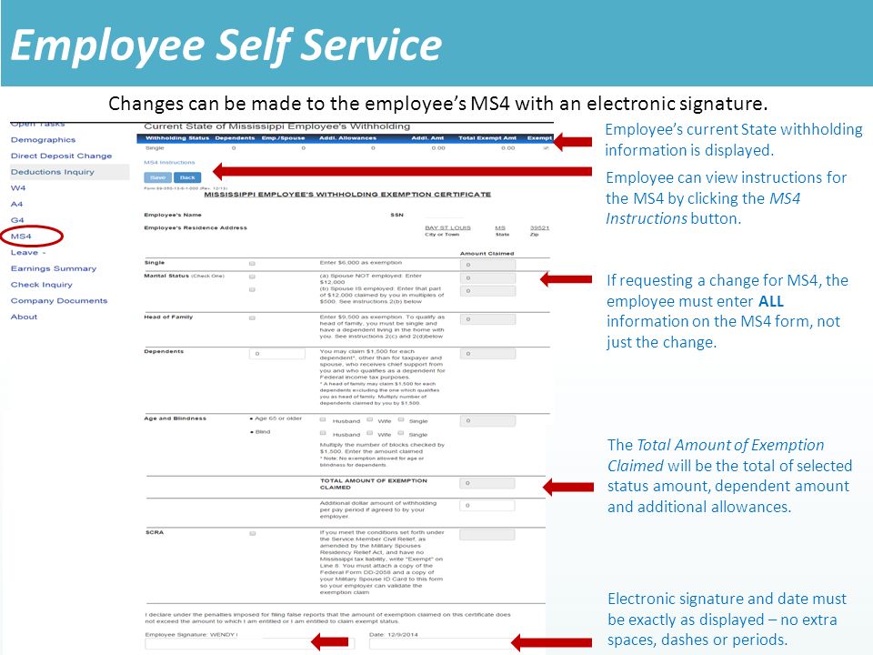 Changes can be made to the employee’s MS4 with an electronic signature.
