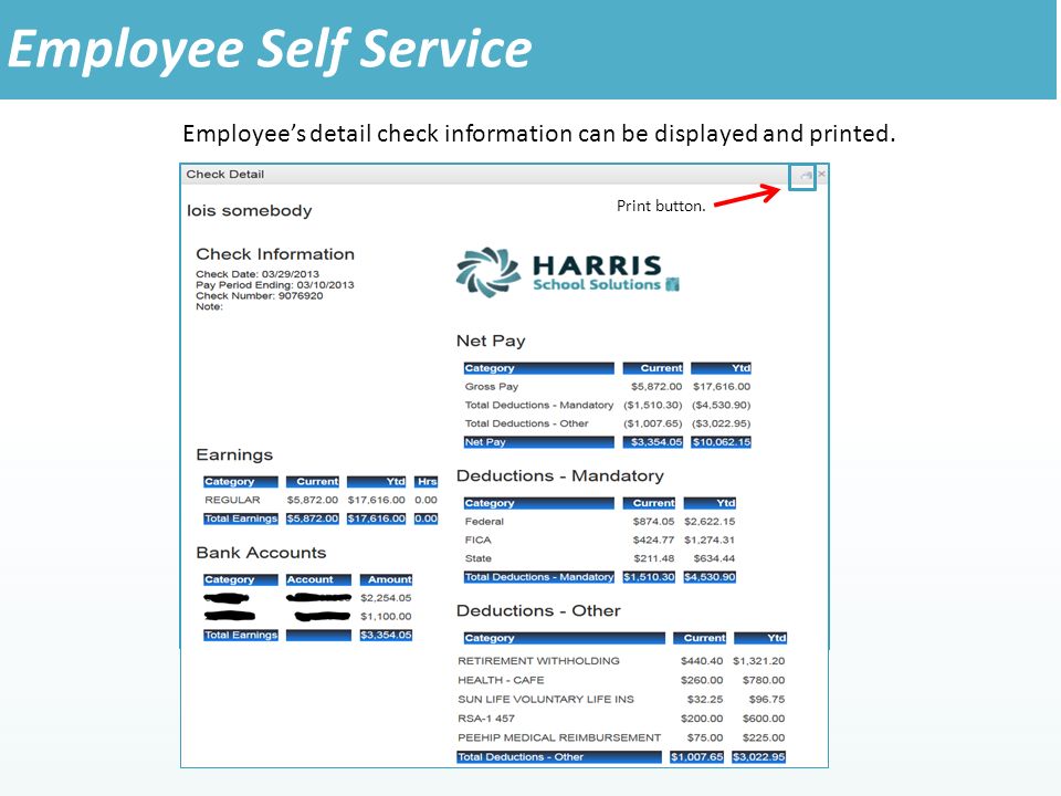 Employee’s detail check information can be displayed and printed.