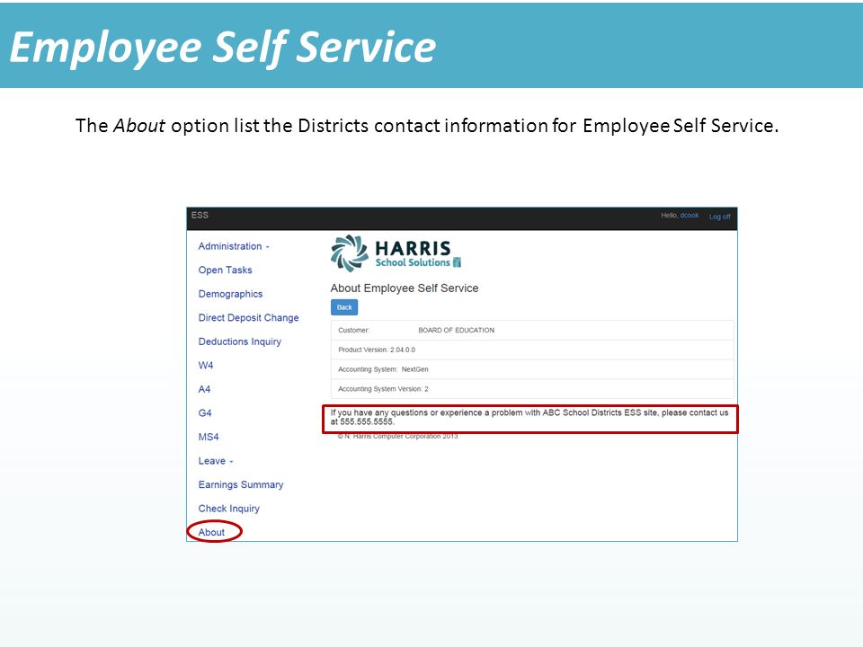 The About option list the Districts contact information for Employee Self Service.