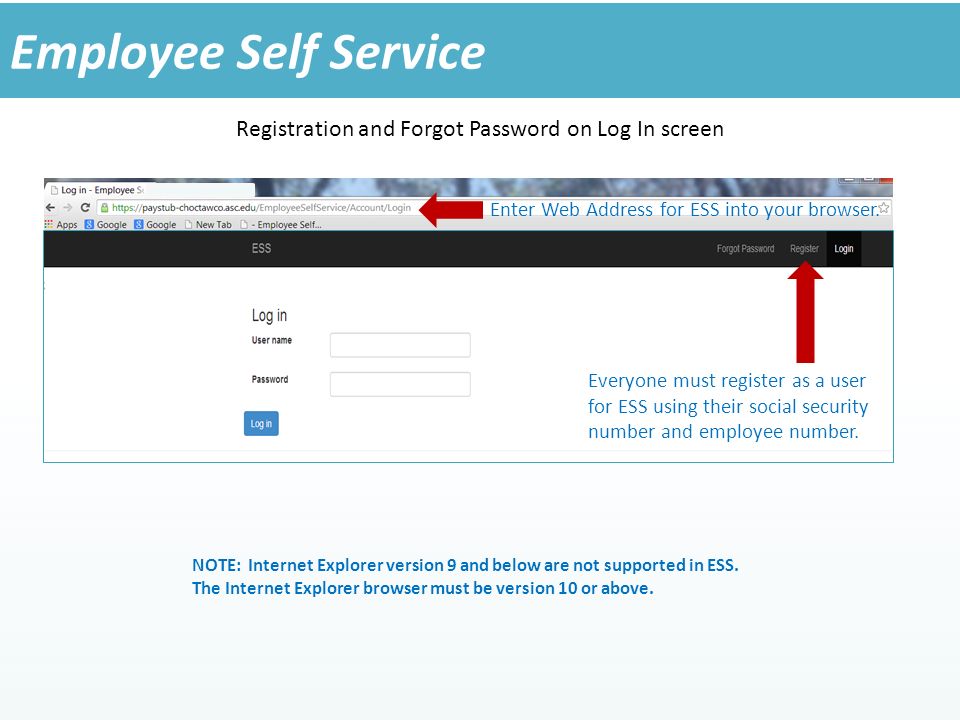 Registration and Forgot Password on Log In screen Employee Self Service Enter Web Address for ESS into your browser.