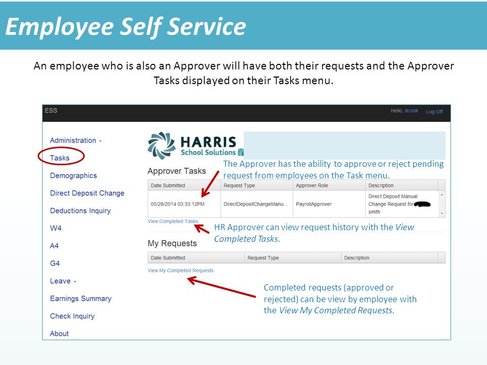 An employee who is also an Approver will have both their requests and the Approver Tasks displayed on their Tasks menu.